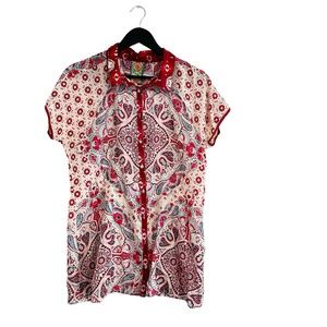 Johnny Was Boho Paisley Print Cap Sleeve Button Front Blouse Size Large